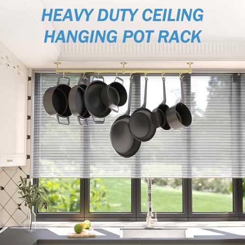 ROTHLEY Stainless Steel Pot and Pan Hanger - 39.4 Inch Wall Mounted Hanging Pots and Pans Rack for Kitchen Wall Rail with Hooks (Brass) - color: Brass, size: 39.4 inch