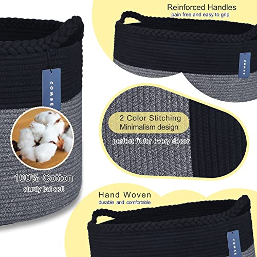 COMSE XXXLarge Woven Blanket & Laundry Basket, 87L, Black & Gray | 21.7" x 13.8", Cotton Rope, Nursery Hamper for Storage of Toys Clothes Towels, Ideal for Living Room Bedroom Bathroom - color: Black & Gray
