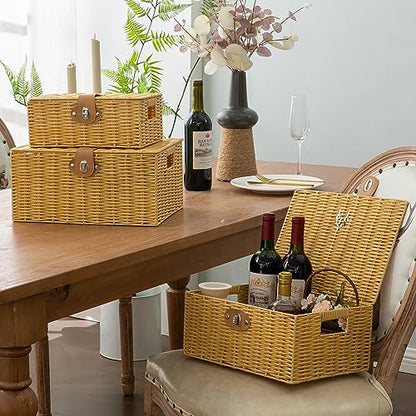 Wicker Storage Baskets with Lids, Set of 3 Decorative Storage Boxes For Organizing, Woven Baskets with Leather Lock and Handles (Beige)