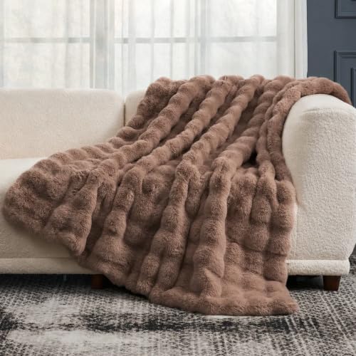 Cozy Bliss Faux Fur Throw Blanket for Couch, Fuzzy Soft Plush Thick Bubble Blanket for Sofa Bedroom Living Room, 60 * 80 Inches Light Brown - color: Light Brown, size: Twin(60" x 80")