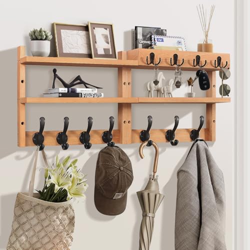 29" Coat Rack Wall Mount with Shelf, Pine Two-Tier Wall Shelf Mounted Coat and Key Hanger with 7 Heavy Duty Hooks 4 Key Hooks, Entryway Key Holder with Mail Holder for Bedroom,Living Room (Wood) - color: Wood Pine