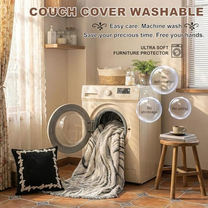 ROOMLIFE Couch Cover 3 Cushion Sofa, Washable Non Slip Furniture Sofa Protector Cover, Soft Chenille Sofa Slipcovers Sectional L Shape Dogs Couch Cover Throw Blanket with Tassels 71''X134'' - color: Cy#black, size: X-Large（71*134IN）