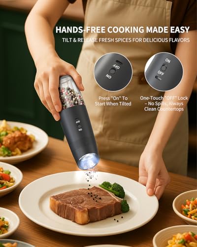 CIRCLE JOY Gravity Electric Salt and Pepper Grinder Set Rechargeable Automatic Pepper and Salt Shakers with LED Light, External Adjustable Coarseness, One-Hand Operation for Salt & Spices - color: Black Pro, size: KYMQ + Rechargeable