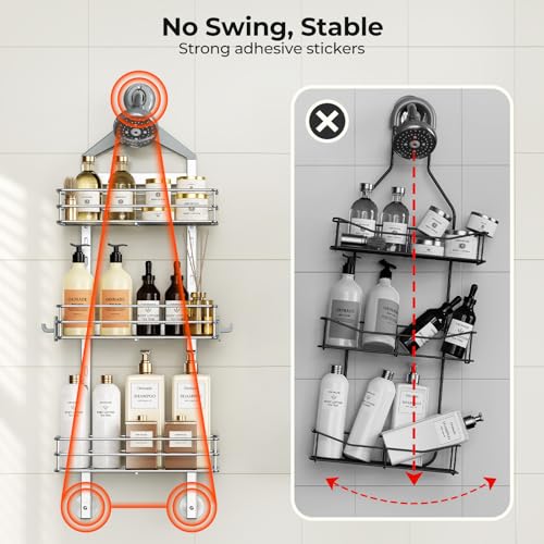 Orimade Aluminum Hanging Shower Caddy Over Head, Adjustable Anti-Slip Bathroom Shelves with Hooks, Rustproof Shower Organizer Storage Rack, Silver 3 Tier - color: Polished Silver - 3 Tier