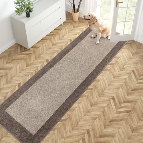 PURRUGS Hallway Runner Rug, 24" x 96", Beige & Grayish Brown | Machine Washable, Non-Slip, Waterproof TPR Backing, Super Absorbent, Low Profile, For Hallway, Kitchen, and Entryway - color: Beige & Grayish Brown, size: 24" X 96"