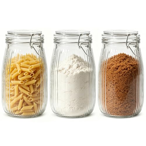 ComSaf Large Ribbed Glass Jars with Airtight Lids 51 oz 3 Pack Wide Mouth | Flour sugar coffee beans, Fermenting pickling, Farmhouse pantry decor, Countertop decor, Large capacity, Vintage Canisters - size: 51oz*3-Ribbed