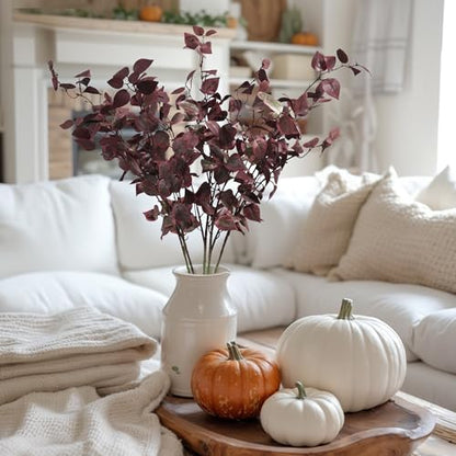 5PCS Artificial Fall Eucalyptus Leaves Stem Plants, 32.7 inch Fake Leaves Autumn Greenery Branches Burgundy Shrubs Silk Faux Foliage DIY Stems for Thanksgiving Festival Home Kitchen Farmhouse - color: Burgundy