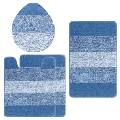 Bsmathom Bathroom Rug Set 4 Piece, Plush Microfiber Bath Mat, Blue | Super Water Absorbent, Non Slip Machine Washable Bath Rug Sets with Toilet Lid Cover and U-shaped Contour Toilet Mat - color: Blue, size: 18"x26"+20"x31"+U20"x24"+Cover19"x21"