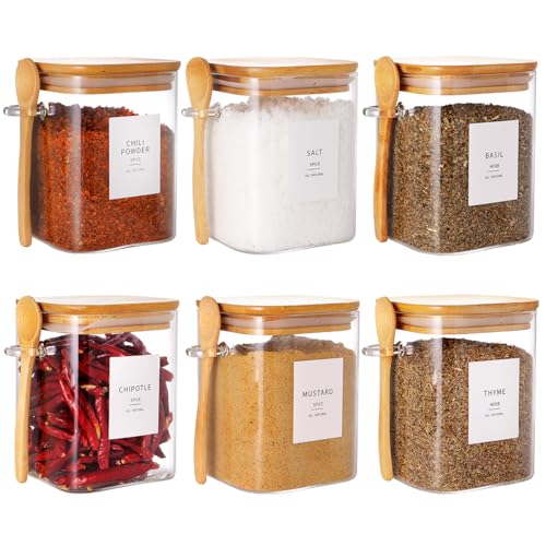 HHMJSM 6 Pcs Square Glass Jar with Bamboo Lid and Spoon - 27 oz Large Sugar Container with 148 Kitchen Pantry Spice Jar Labels Preprinted - Glass Containers with Wooden Lids Hold Coffee, Tea, Candy - color: 27oz