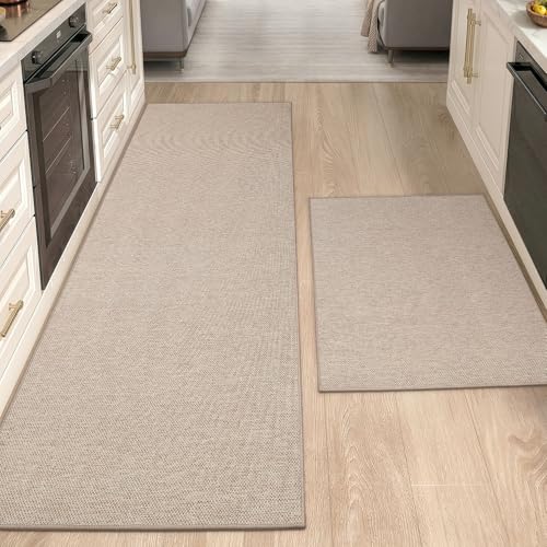 Color&Geometry Kitchen Rugs 2PCS-23x35+23x82 Non-Slip Rubber Backed,Greige | 0.15in Thin Kitchen Mat Fit Under Door, Absorbent, Washable Mat For Large Kitchen, For Light Cooking/Low Traffic Homes - color: Light Tone-greige, size: 23"X35"+23"X82"