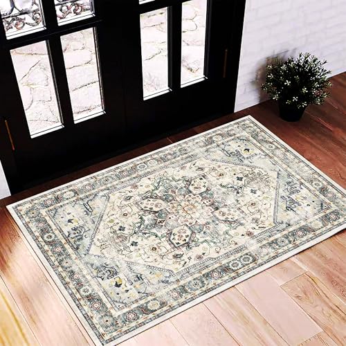 CHAMPLANT 2'x3' Cyan Khaki Area Rug Washable Door Mat Vintage Distressed Doormat Indoor Entrance Traditional Thin Floral Print Non Slip Carpet for Kitchen Bathroom Bedroom Living Room - color: Cyan Khaki, size: 2' x 3' (Rectangular)
