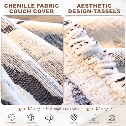 ROOMLIFE Couch Cover 3 Cushion Sofa, Washable Non Slip Furniture Sofa Protector Cover, Soft Chenille Sofa Slipcovers Sectional L Shape Dogs Couch Cover Throw Blanket with Tassels 71''X134'' - color: Cy#black, size: X-Large（71*134IN）