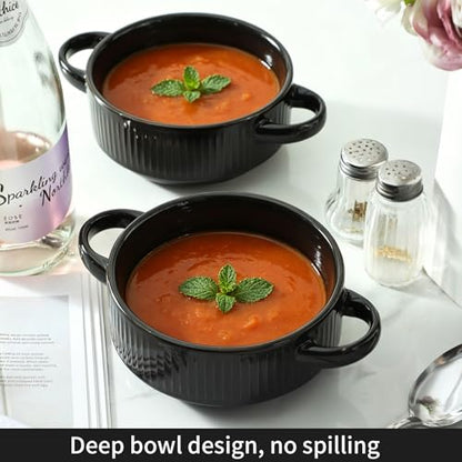 Soup Bowls with Handles, 23 oz French Onion Soup Crocks, Stackable Soup Bowl Oven Safe for Chili, Beef Stew, Embossment Ceramic Bowl Set - 5.4 Inch, Set of 4,Black - color: Black