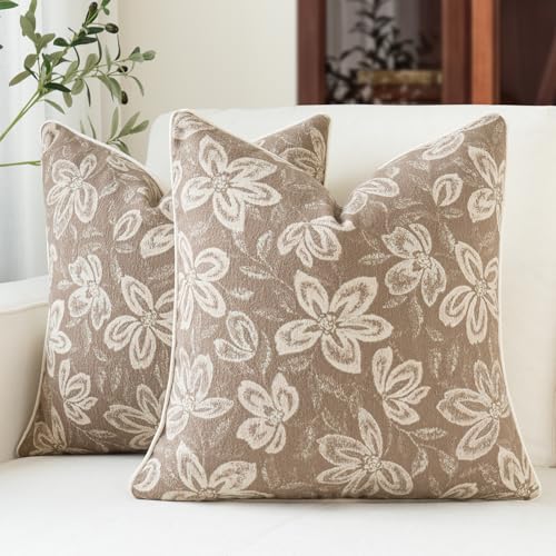 MATTINS 18x18 Vintage Floral Patterned Throw Pillow Covers, Khaki, 2PC | Farmhouse Decorative Pillow Covers, Country Botanical Jacquard Design, Cottage Boho Accent for Sofa, Bed, and Living Room - color: Khaki, size: 18" x 18" (Pack of 2)