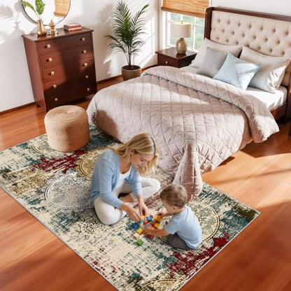 Modern Abstract 4x8 Runner Rug: Washable Low Pile Soft Area Rugs Entryway | Non-Slip Stain Resistant Mandala Stamped Ease of Vacuuming Floor Mat Bedroom Kitchen Coverage Farmhouse Apartment Red Green - color: Red/Green/Multi, size: 4' x 8' (Rectangular)