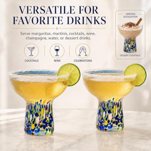 Large Stemless Hand Blown Confetti Margarita Glasses - 14 oz - Set of 2 | Colorful Artisan Glassware, Perfect for Margaritas, Martinis, Wine, Cocktails & Champagne, Great for Cinco de Mayo & Parties - style: Mexican Confetti Margarita Glass