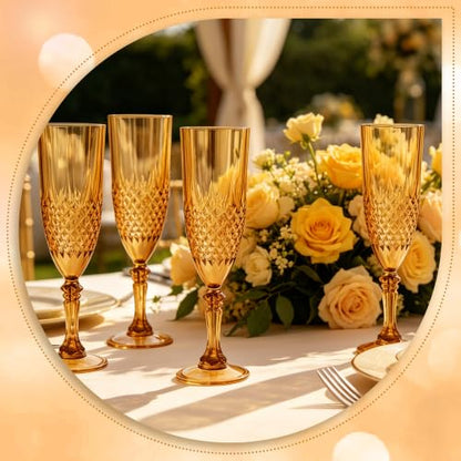 12 Pack Plastic Champagne Flutes, Amber Reusable Champagne Glass | Unbreakable Hard Plastic Mimosa Cups Bulk with Stem, Fancy Stemware for Wedding, Party & NYE Celebration - color: Amber