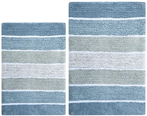 Cordural Stripes Bath Mat, Set of 2 Bath Rugs (21 Inches x34 Inches & 24 Inches x40 Inches) | Non Slip Bathroom Rug, Machine Washable, Plush, Highly Absorbent | Ombre Blues & White - color: Blues