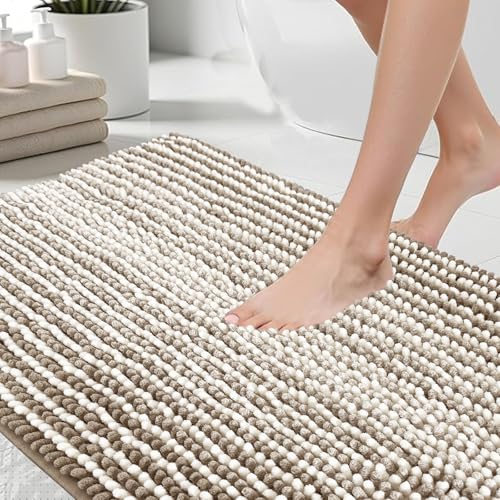HDFK Bath Mat & Bathroom Rug - Machine Washable Soft Chenille Shower Carpet, Maximum Absorbency Non-Slip with Odorless Hot Melt Base, Slim Striped Design for Bathtub Floors (24x16 Inch, Tan & White) - color: Tan and White, size: 16" x 24" (Rectangular)