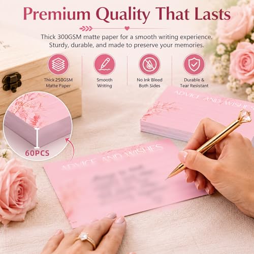 60pcs Pink Eucalyptus Advice and Wishes Cards, 5.7"x3.8" Wedding Advice Cards for Bridal Shower, 250gsm Thick Paper Wedding Guest Book Alternative, Perfect for New Mr & Mrs, Engagement, Party Favors - color: PINK