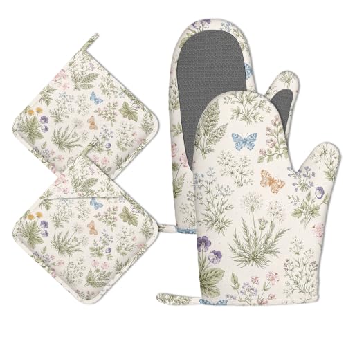 Wildflower Floral Botanical Oven Mitts and Pot Holders Sets Silicone Butterfly Kitchen Mitts Potholders Heat Resistant 4Pcs Oven Gloves Hot Pads for Kitchen Baking Cooking - color: Wildflower Floral Botanical
