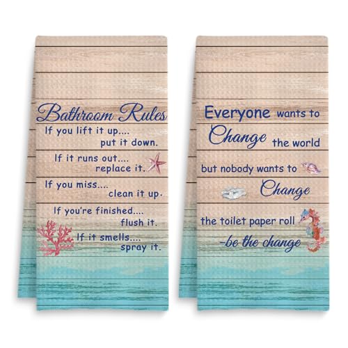 Funny Bathroom Rules Decorative Hand Towels Set of 2, Rustic Farmhouse Hand Towels for Bathroom Decor, 16x24 Inch(Beach Style) - color: Beach Style