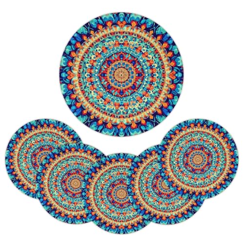 Vibrant Colorful Mandala Floral Round Placemats Set of 6 Woven Braided Place Mat Heat Resistant Washable Table Mats for Dining Table Kitchen, 15 in - size: Set of 6