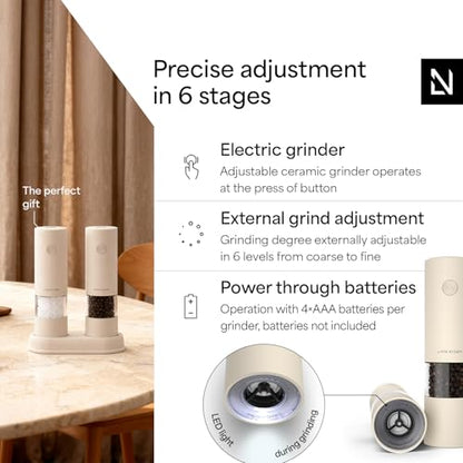 LARS NYSØM Electric Salt and Pepper Grinder Set I Automatic Salt and Pepper Mills with Adjustable Ceramic Grinder I AAA-Battery Operated Electric Spice Mill Set (Cream Beige) - color: Cream Beige