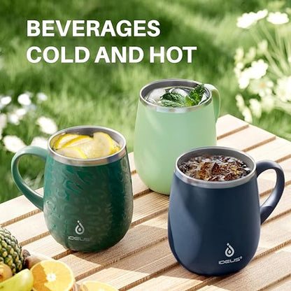 Ideus 16 oz Insulated Coffee Mug with Handle and Lid, Double Wall Stainless Steel Vacuum Thermal Coffee Mug, Travel Coffee Cup Thermal Cup for Home and Office (Leopard Green, FUJI DAWN) - color: Leopard Green