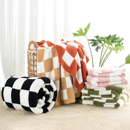 Carriediosa Checkered Throw Blanket 50x60, 400GSM Ultra Soft Microfiber | Rust, Fuzzy Fluffy Cozy Plush Knit Knitted Plaid Checker, Lightweight Cute Preppy Fall Blankets & Throws for Couch, Bed - color: Check - Rust, size: 50" X 60"