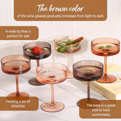 Brown Coupe Glasses Set of 6 |9 oz earth tones Brown martini Glasses |Melanin Cocktail Glasses Set,Champagne Coupe Glasses for Margarita, Bar,Dessert Glass - color: Melanie