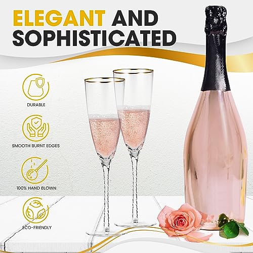 Premium Crystal Champagne Flutes - Set of 2 Elegant Glass Champagne Glasses with Twisted Stem & Gold Rim - 10.6 oz Flute Glasses for Weddings, Parties & Special Celebrations
