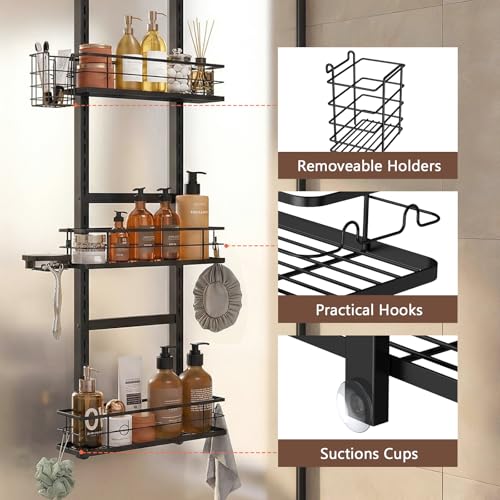 Over The Door Shower Caddy, 304 Stainless Steel Organizer, Black | Hanging Bathroom, Pantry & Kitchen Storage Rack. No Drilling With 3 Adjustable Shelves, 14 Hooks