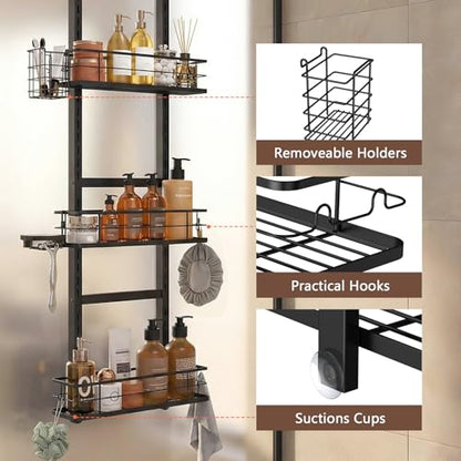 Over The Door Shower Caddy, 304 Stainless Steel Organizer, Black | Hanging Bathroom, Pantry & Kitchen Storage Rack. No Drilling With 3 Adjustable Shelves, 14 Hooks