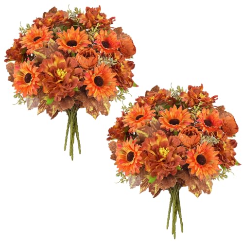 13in 6Pcs Fall Artificial Sunflower, Burnt Orange Flowers for Grave | Fall Cemetery Flowers for Grave, Flower Arrangements with Leaves Stems for Outdoor Decoration Autumn Decor，UV Resistant - color: Caramel Dahlia