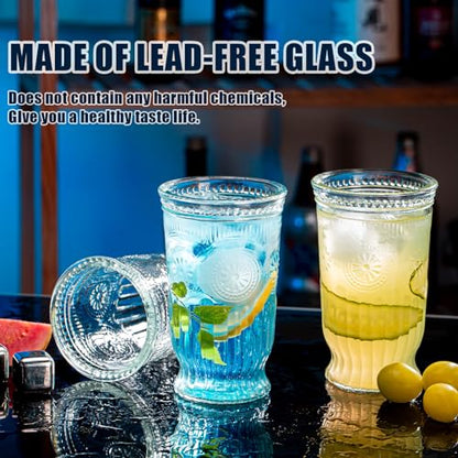 Vintage Drinking Glasses, 8 pcs Embossed Designed Highball Glasses, 16oz Glass Cups, Tall Water Glass Tumbler, Mojito Cup, Cocktail Glass, Vintage Glassware Set for Juice, Cocktail, Whiskey