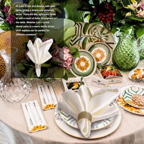 12 Pack Cloth Napkins and Gold Napkin Rings Set of 6, 17x17 Bling Trim Satin Cocktail Napkins Cloth Washable Personalized Dinner Napkins for Wedding Party Holiday Decorative | 17x17 Inch Personalized White Napkins Set, Washable Fancy Dinner & Cocktail Nap