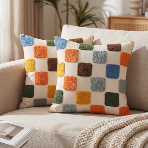2 Pcs Embroidered Plaid Throw Pillow Cover 18x18 Inches Modern Geometric Tufted Decorative Square Pillow Cover Boho Plaid Cushion Case for Couch Sofa Bedroom Living Room Home Chair Decor - style: Geometric