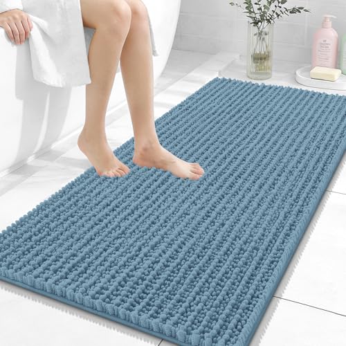 OLANLY Bathroom Runner Rugs 47x24, Thick Soft Absorbent Chenille Bath Rugs | Airy Blue, Quick-Drying Rubber Backing, Long Shaggy Bath Mat, Washable for Floor, Tub and Shower, Home Decor Accessories - color: Airy Blue, size: 47" x 24"