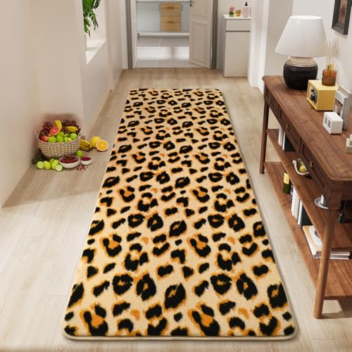 Soft Leopard Runner Rugs, 2x6 Cheetah Print Bedroom Bedside Rugs | Washable Fluffy Indoor Animal Runner Rug Carpet for Entrance Kitchen Kids Teen Room Living Room Decor, Khaki - color: Khaki, size: 2' x 6' (Runner)