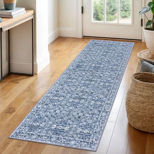 SIILOOM 2x6 Washable Runner Rug, Non Slip Soft Area Rug for Hallway Kitchen | Blue/White Boho Vintage Spill & Stain Resistant Low Pile Carpet for Entryway Office Laundry, Easy Clean - color: Blue/White, size: 2' x 6' (Runner)