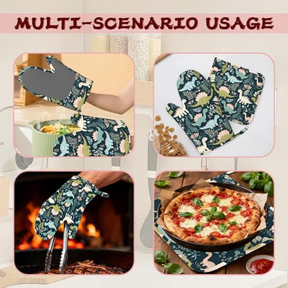 Cute Dinosaur Heat-Resistant Silicone Oven Mitts and Pot Holders 4 Piece Set,Extra Long Non-Slip Kitchen Oven Gloves for Cooking, Baking, BBQ,Grilling - color: Cute Dinosaur