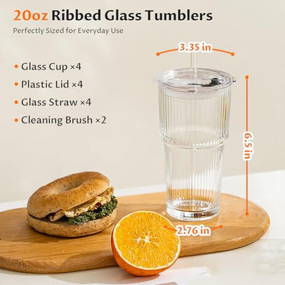 20oz Iced Coffee Cups with Lids, Glass Coffee Cups with Lids and Straws | Clear Reusable Drinkware, Secure Leak-Resistant Lids, Cup-Holder Friendly, Ideal for Iced Coffee, Tea, Juice and Smoothies - color: Clear - 4 pcs