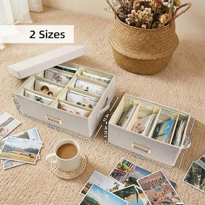 Collapsible Photo Storage Box, Adjustable Dividers - Beige, 35cm | Holds 1700 Photos, Hook & Loop Dividers, Handle, Label Stickers - color: Beige, size: 13.78"x11"x 5.12"