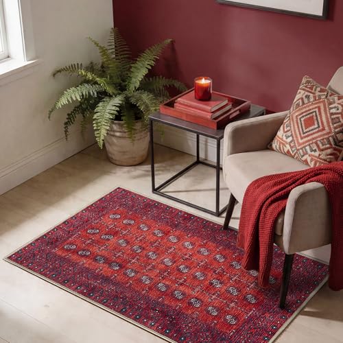 Keen Home Design 2x3 Rug - Machine Washable Entry Rug with Non-Slip Backing, Ideal for Enteryway, Kitchen, Bathroom, Laundry Room - Vintage, Easy Clean, Durable, Low Pile Rug - (2' x 3') - color: Red/Burgundy, size: 2' x 3' (Rectangular)