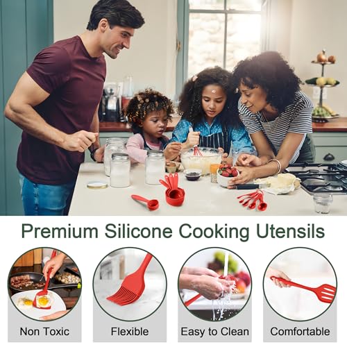 E-far Silicone Cooking Utensils Set, 25 Piece Kitchen Utensils with Holder, Non Toxic Kitchen Tools Spatula, Turner, Spoon, Ladle for Nonstick Cookware, Heat Resistant & Dishwasher Safe - Red - color: Red