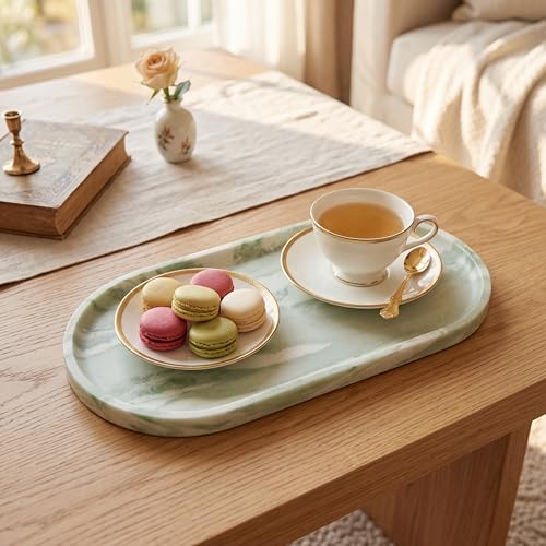 YKAJO Botanical Green Oval Marble Tray, 11.8x5.9 Vanity Perfume Organizer | Honed natural stone; jewelry & trinket dish, ring & key holder, soap & candle catchall; bath counter, dresser, coffee table - color: Botanical Green, size: 11.8" x 5.9" x 0.6"