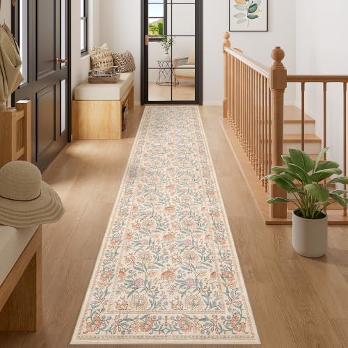 DUKINO 2x10 Runner Rug for Hallway, Washable Vintage Floral Rug, Beige | Non Slip, Low Pile, Non-Shedding, Stain Resistant Soft Long Runner Carpet for Kitchen Bathroom Entryway Bedroom Farmhouse - color: Beige Peach, size: 2' x 10' (Rectangular)