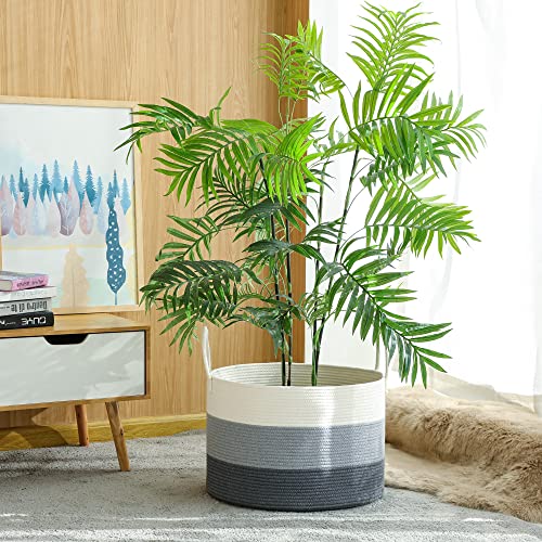 KAKAMAY Large Blanket Basket (20"x13"),Woven Baskets for storage Baby Laundry Hamper,Cotton Rope Blanket Basket for Living Room, Laundry, Nursery, Pillows, Baby Toy chest with Handles (White/Grey) | Extra Large Capacity | Natural Cotton Rope | Blanket Sto
