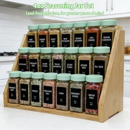 Spice Jars with Labels - 24 Glass Spice with Shaker Lids & Airtight Plastic Caps - 4oz Complete Seasoning Containers Organizer Set for Cabinet, Drawer & Rack (Light Green) - color: Light Green